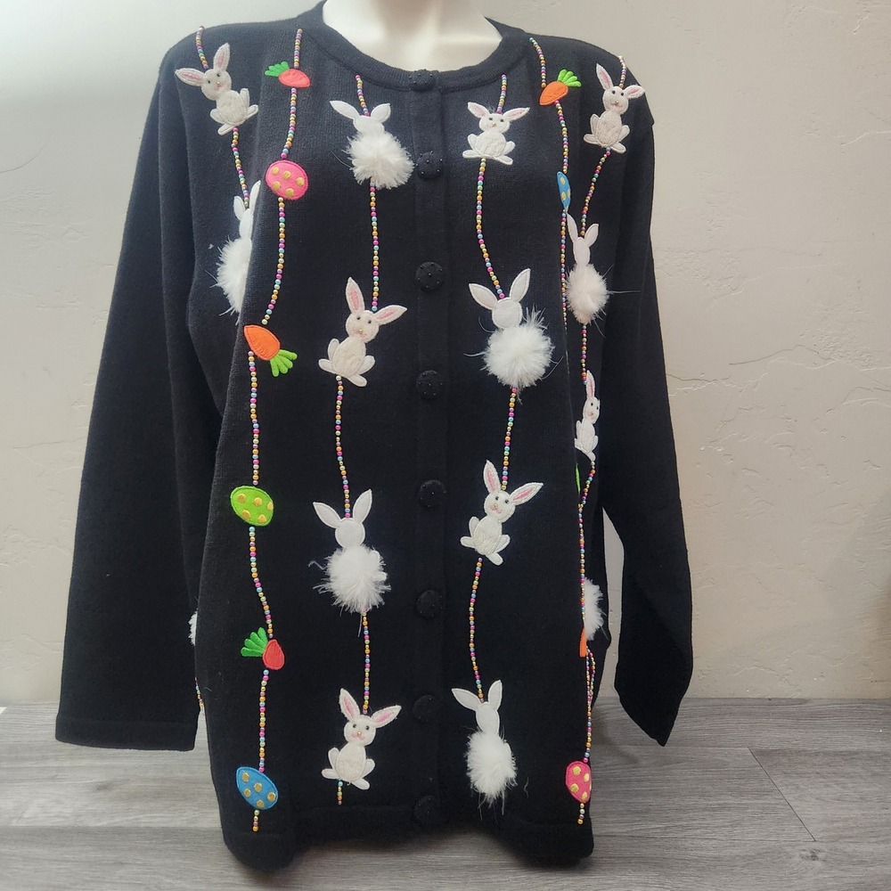 Quaker Factory Black Cardigan Sweater Size 1X Easter Bunny Embroidered‎ Beaded